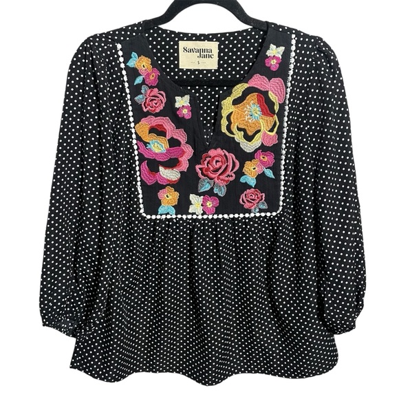 Savanna Jane Tops - Savanna Jane Black Polka Dot Floral Embroidered Blouse BOHO